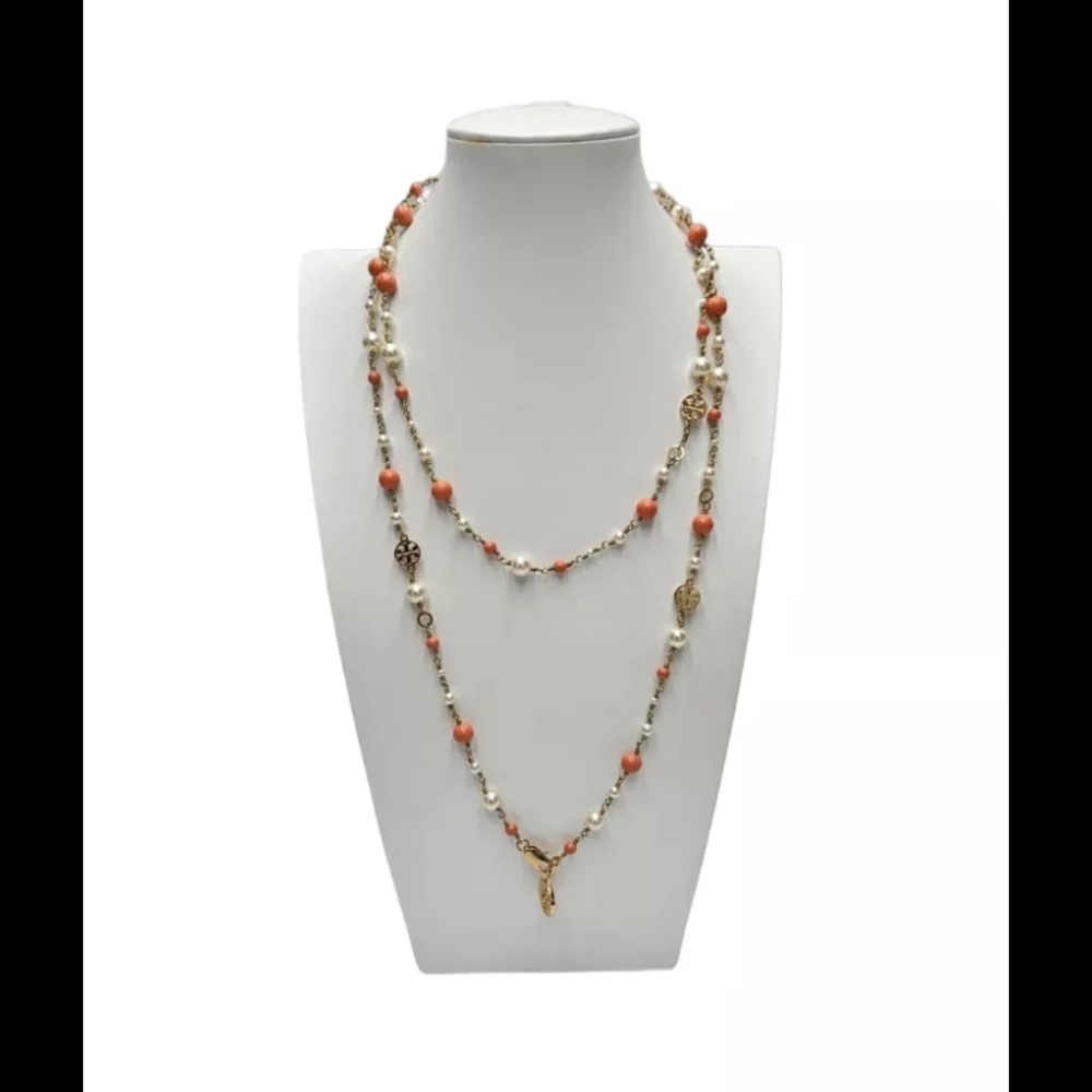 Tory Burch Faux Pearl & Resin Evie Logo good orange Convertible  Necklace $258